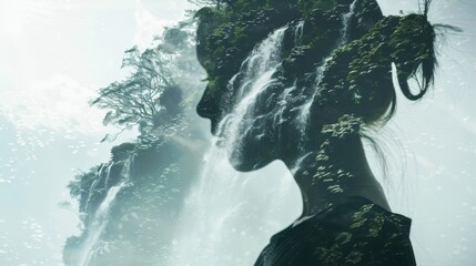 Poster - A woman's silhouette is reflected in a waterfall. Concept of tranquility and serenity, as the woman's face is captured in the misty spray of the waterfall. The water droplets create a dreamy