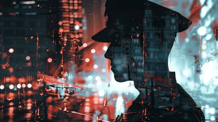 Poster - A silhouette of a man wearing a hat stands in front of a cityscape, creating a striking contrast between the figure and the urban background. The mans outline is emphasized against the skyline of buil