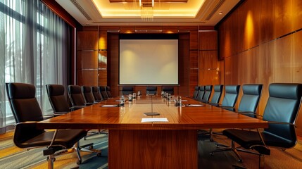 Poster - A large conference room with a long wooden table and many black chairs. The room is empty, but the projector screen is on, ready for a presentation. The room has a professional and formal atmosphere