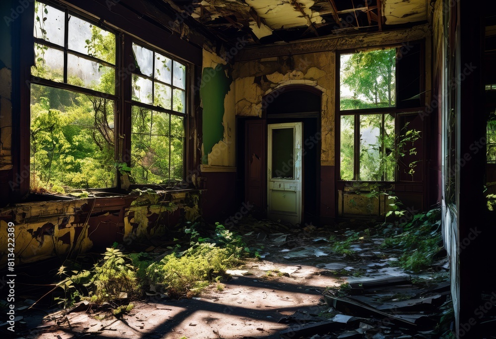 Desolate Window illustration, eerie urban decay deserted structures peeling paint ...
