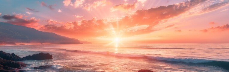Poster - A beautiful sunset over the ocean with a bright sun shining through the clouds. The sky is a mix of pink and orange hues, creating a serene and peaceful atmosphere