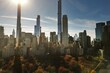 Autumn Fall. Autumnal Central Park view from drone. Aerial of NY City Manhattan Central Park panorama in Autumn. Autumn in Central Park. Autumn NYC. Central Park Fall Colors of foliage.