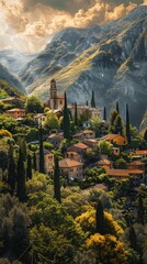 Poster - A mountain village with houses and trees. The village is surrounded by mountains