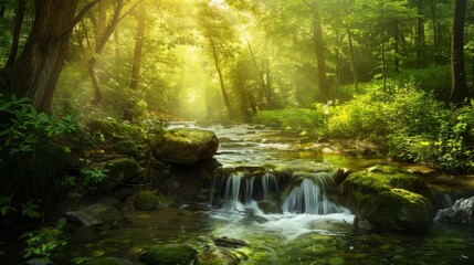 Poster - A stream of water flows through a lush green forest. The sunlight filters through the trees, creating a peaceful and serene atmosphere. The water is crystal clear