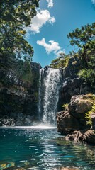 Poster - A powerful waterfall cascades into a body of water surrounded by nature. The rushing water creates a dynamic display in the tranquil lake.