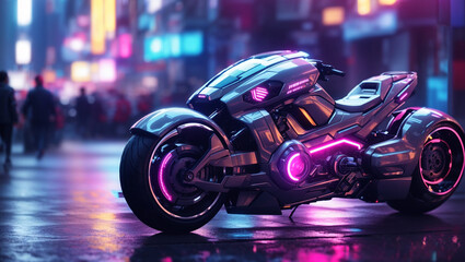 futuristic motorcycle with glowing purple wheels and engine