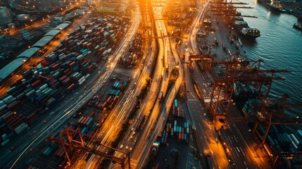Poster - Generative AI Aerial perspective of a cargo port, cranes, containers, ships, trucks, dynamic activity, realistic lighting, detailed linework