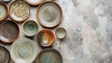 Fototapeta  - handmade ceramics, top view of empty craft ceramic bowls and plates on a light background
