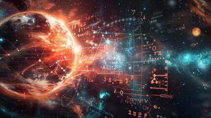 Leinwandbilder - A colorful space scene with a planet and a bunch of numbers and letters. The numbers and letters are arranged in a way that they look like they are floating in space