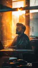 Poster - A man is sitting at a desk with a laptop in front of him. He is wearing a black shirt and a beard. The room is dimly lit, and there is a window in the background