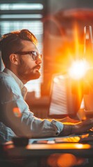 Poster - A man is sitting at a desk with a computer monitor in front of him. He is wearing glasses and he is focused on his work. Concept of productivity and concentration, as the man is engaged in his tasks
