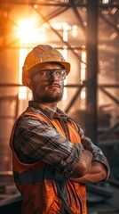 Poster - A man in a construction site uniform is wearing a hard hat and safety glasses. He is standing with his arms crossed and smiling