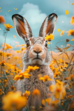 A rabbit in a field of yellow flowers.