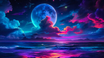 moon dark lilac night dramatic sky on sunset nebula pink sea water reflection sunlight evening summer seascape landscape
