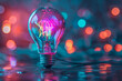 © xadartstudio - a colorful glowing idea bulb lamp banner, visualization of brainstorming, bright idea and creative thinking, copy space