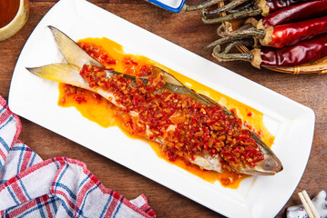 Wall Mural - Chop bell pepper fish, Steamed fourfinger threadfin fish with chilli pepper 