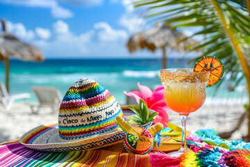 Wall Mural - Cinco de Mayo, Mexican colorful summer fiesta party, sombrero hat, maracas margarita cocktail,table colorful Mexican decorations. With the exotic beach 