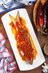 Wall Mural - Chop bell pepper fish, Steamed fourfinger threadfin fish with chilli pepper 