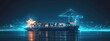 © Pihta - Hologram of side view of digital cargo port with ship on the dark blue background