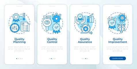 Wall Mural - Quality management components blue onboarding mobile app screen. Walkthrough 4 steps editable graphic instructions with linear concepts. UI, UX, GUI template. Montserrat SemiBold, Regular fonts used