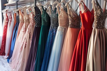 Elegant long formal dresses for sale in luxury modern shop boutique. Prom gown, wedding, evening