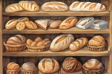 Poster - A wooden shelf overflowing with a variety of freshly baked breads, from baguettes to sourdough loaves and cinnamon swirls. Generative AI