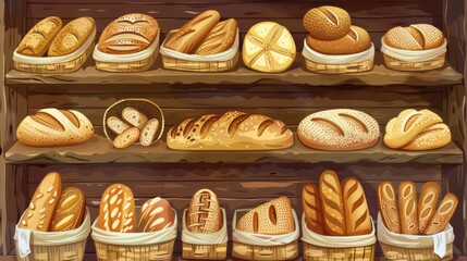 Poster - Array of fresh bread loaves and rolls neatly arranged in baskets on a rustic wooden shelf in a cozy bakery setting. Generative AI