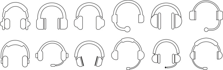 Poster - Headphones music speakers Set. Headphones earphones icons black line styles editable stock for web sites designs and mobile dark mode apps isolated on transparent background. Customer service support.