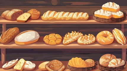 Poster - A colorful and inviting display of various types of freshly baked bread on a wooden shelf in a bakery setting. Generative AI