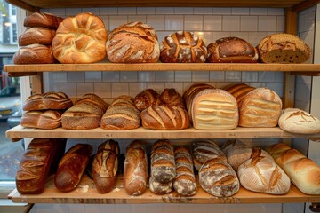 Aufkleber - A variety of fresh bread is neatly arranged on shelves in a bakery, showcasing an assortment of delicious and aromatic baked goods. Generative AI