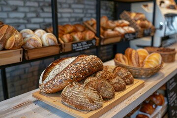 Aufkleber - Step into a world of bread bliss at a bakery filled with a vibrant display of various artisanal loaves and rolls. Generative AI