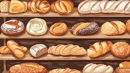 Poster - A diverse selection of freshly baked bread displayed on a shelf in a harmonious arrangement. Generative AI