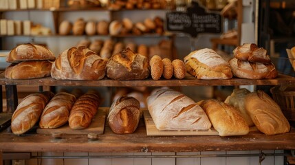 Poster - A variety of freshly baked bread is beautifully displayed on rustic wooden shelves in a charming bakery. Generative AI