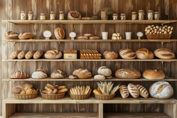 Poster - A selection of artisanal bread displayed neatly on shelves in a quaint bakery setting, showcasing a variety of freshly baked loaves. Generative AI