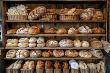 Poster - A variety of freshly baked bread displayed on shelves in a cozy bakery. From crusty baguettes to fluffy brioche, the selection is a feast for the eyes. Generative AI