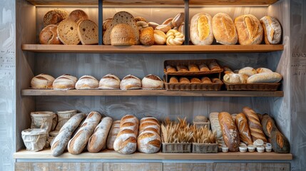 Poster - Various types of fresh bread line the shelves of a bakery, creating a visually appealing display of a wide selection of delicious baked goods. Generative AI