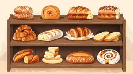 Poster - A wooden shelf showcasing a variety of delicious fresh breads, perfect for a bakery or cafe advertisement. Generative AI