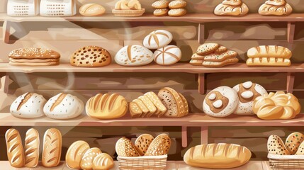 Poster - A bakery filled with a colorful array of freshly baked bread loaves displayed neatly on shelves. Generative AI