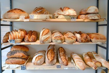 Poster - A variety of fresh breads displayed on shelves in a bakery, inviting customers with the aroma of freshly baked goods. Generative AI