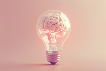 Wall Mural - A futuristic 3D light bulb with a 3D brain inside, casting a reflective glow on a pastel beige background, representing the light of knowledge 