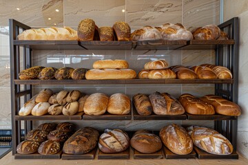 Aufkleber - A variety of freshly baked breads beautifully displayed on shelves in a bakery, showcasing a tempting array of flavors and textures. Generative AI