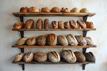 Poster - A delightful array of fresh loaves of bread neatly lined up on shelves, showcasing the variety and quality of baked goods available. Generative AI