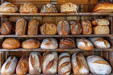 Poster - A wooden shelf showcasing a wide array of freshly baked bread, inviting customers to taste and enjoy the many flavors and textures offered. Generative AI