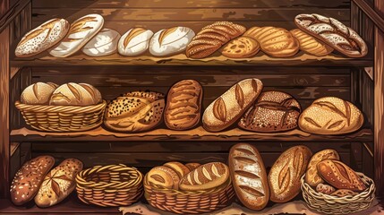 Poster - A beautifully arranged assortment of freshly baked bread on a rustic wooden shelf, showcasing a variety of textures, shapes, and colors. Generative AI