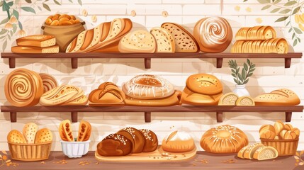 Poster - A shelf displays a variety of freshly baked breads and pastries, showcasing the craftsmanship and delicious offerings of an artisan bakery. Generative AI