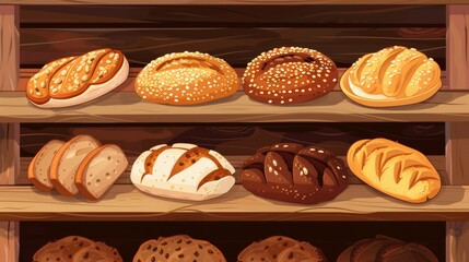 Poster - A variety of fresh breads displayed neatly on a rustic wooden shelf, including baguettes, sourdough, croissants, and challah. Generative AI