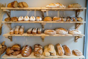 Poster - A variety of freshly baked breads beautifully displayed on shelves in a cozy bakery setting. Generative AI