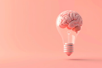 Wall Mural - A futuristic, minimalist 3D brain within a levitating light bulb on a pastel peach background, suggesting enlightened thoughts 