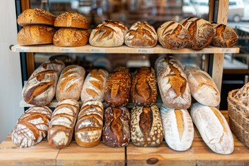 Poster - A vibrant assortment of freshly baked breads is elegantly displayed on a shelf in a bakery, showcasing the diversity of flavors and textures. Generative AI