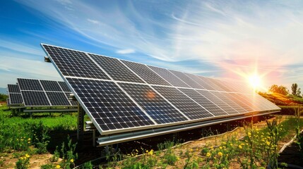 solar power plant panels glowing under the bright sun, with beautiful nature as a backdrop, showcasi
